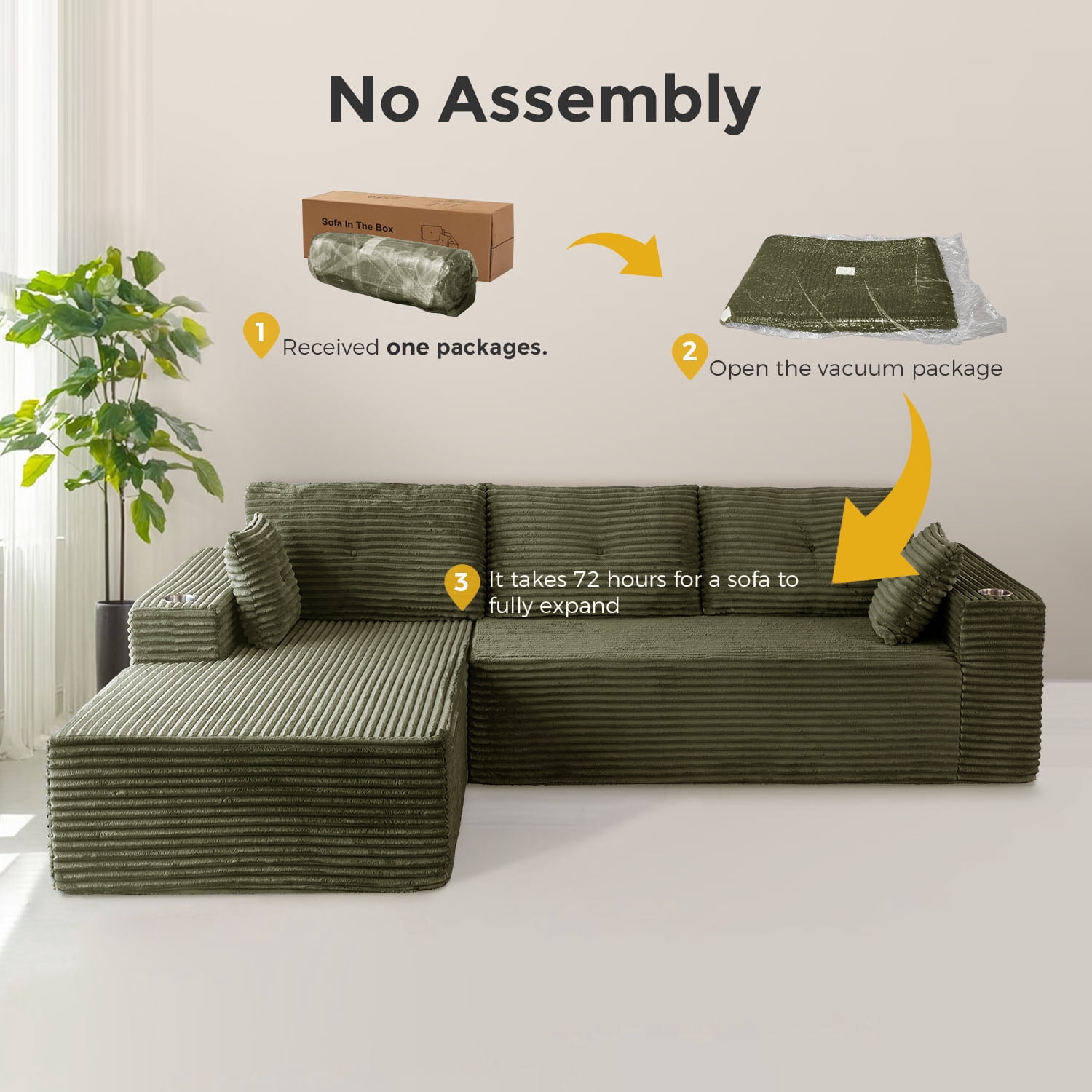 BYBYME 104" Cloud Sectional Couch with L-Shape Chaise Modern Comfy Modular Plush Corduroy Sofa for Living Room,No Assembly Required,Left Facing Chaise,Green