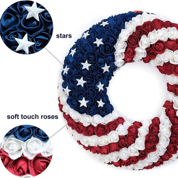 AZXY 4th of July Wreaths for Front Door Patriotic Wreath,Red White and Blue American Flag Independence Day Wreaths,Fourth of July Memorial Day Decorations for Wall Door Decor