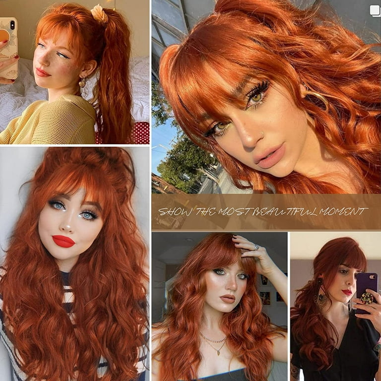 Long Auburn Wig with Bangs Layered Curly Orange Wigs for Women Natural DOPI Long Auburn Wig with Bangs Layered Curly Orange Wigs  main image 4