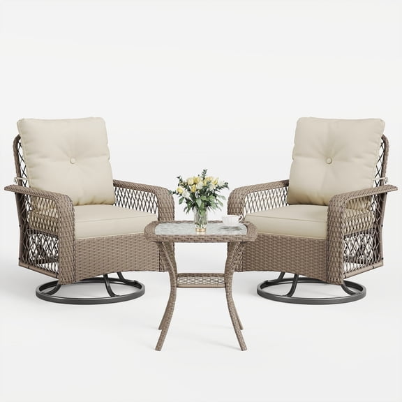POTEBAN 3 Pieces Patio Furniture Set, Outdoor Swivel Gliders Rocker, Glass Top Side Table (Cream)