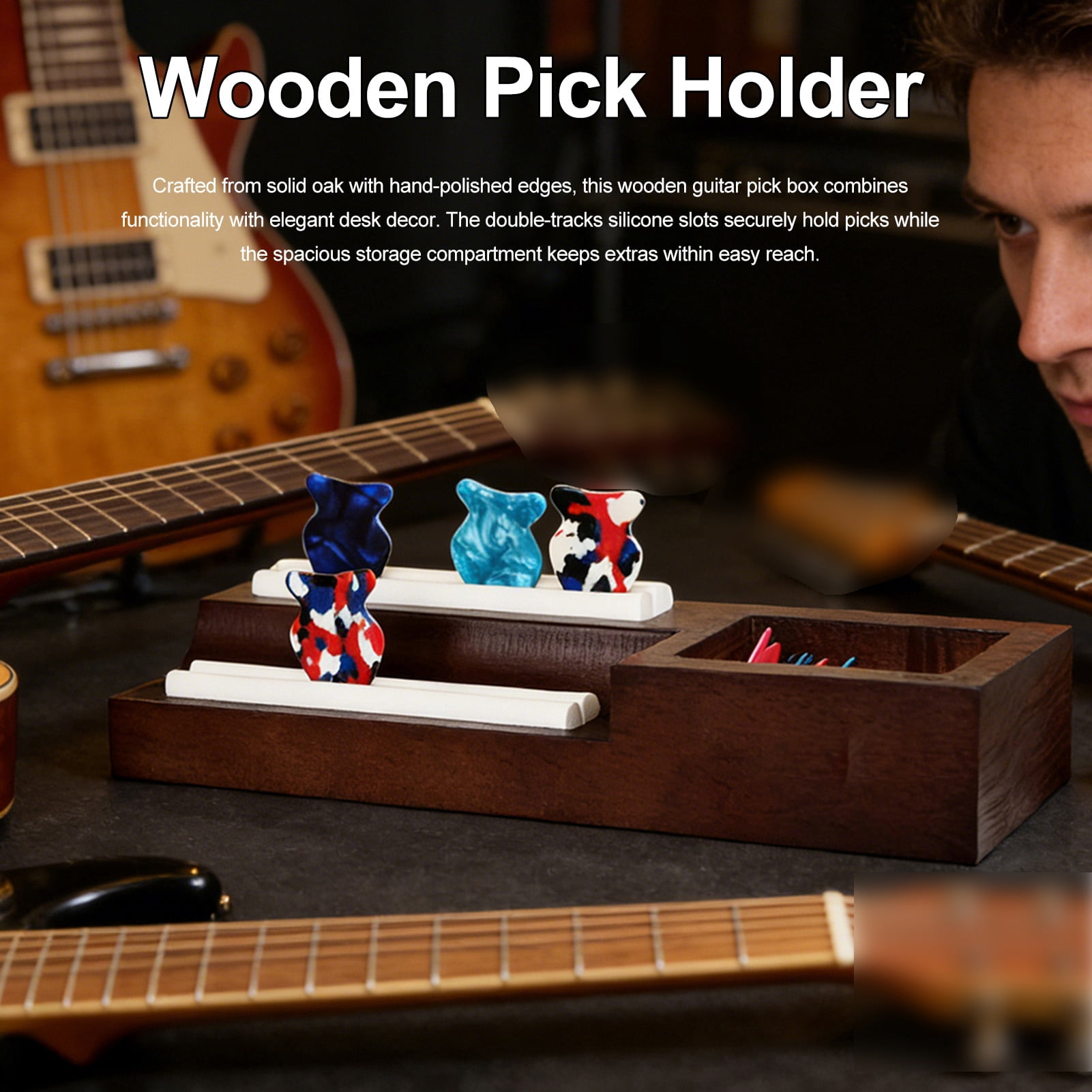 Guitar Pick Box Pick Guitar Picks Wooden Pick Holder Oak Wood Guitar Accessories Storage Box Silicone Slots with 10 Picks for Musicians Teachers