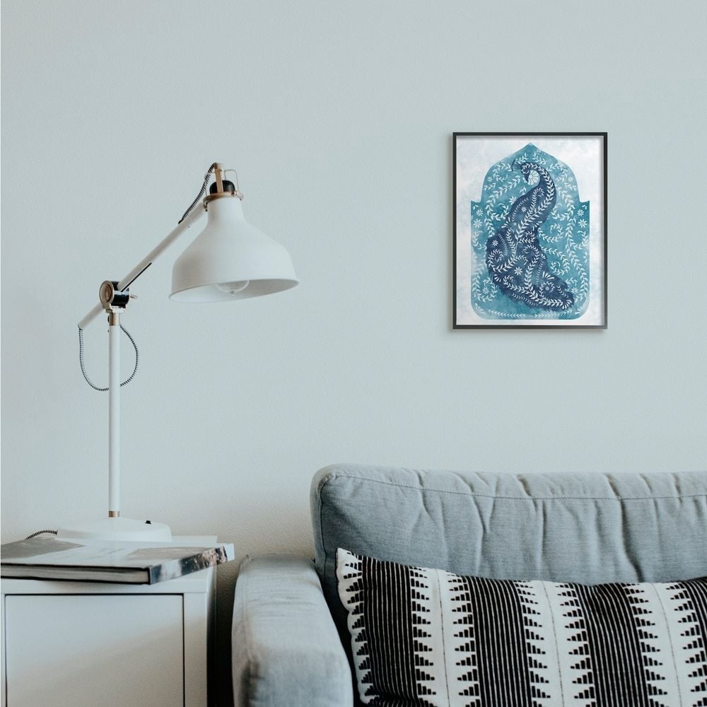 Stupell Industries Arabesque Peacock Jungle Vines Bird White Blue Watercolor Framed Wall Art Design by Ziwei Li, 11" x 14", Black Framed