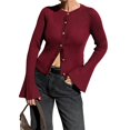 thumbnail image 2 of Suéter de Cuello Redondo Acanalado para Mujer, Camisa de Punto Acampanada de Larga con Botones y Abertura Frontal, Conjunto de Otoño Vino Tinto S, 2 of 7