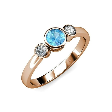 

Blue Topaz and Diamond (SI2-I1 G-H) Three Stone Ring 1.10 ct tw in 14K Rose Gold.size 7.0