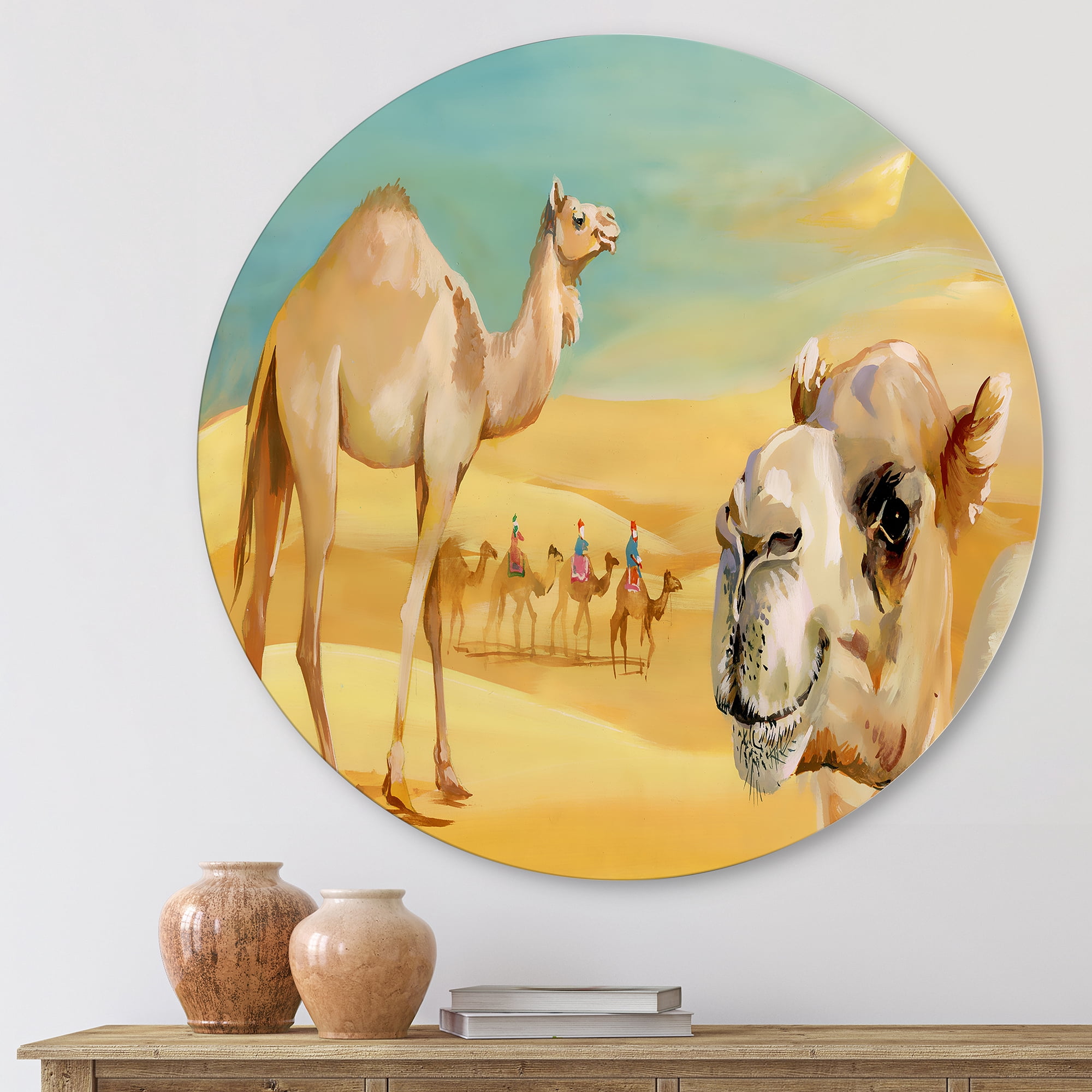 Designart 'Camels In Wild Desert II' Farmhouse Circle Metal Wall Art 23x23 - Disc of 23