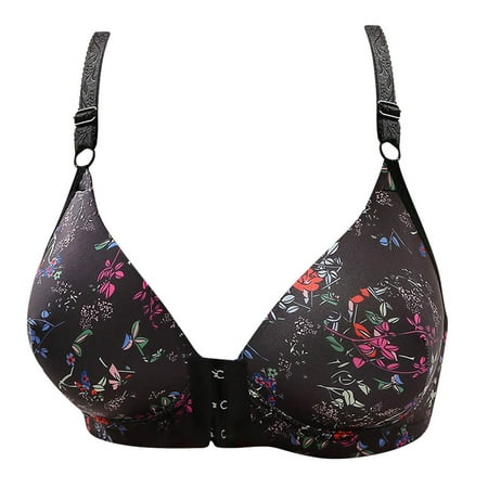 

Hfyihgf Front Closure Bras for Women No Underwire Unpadded Full Cup Everyday Bra Easy Close Floral Print Push Up Minimizer Bra Z1-Black L