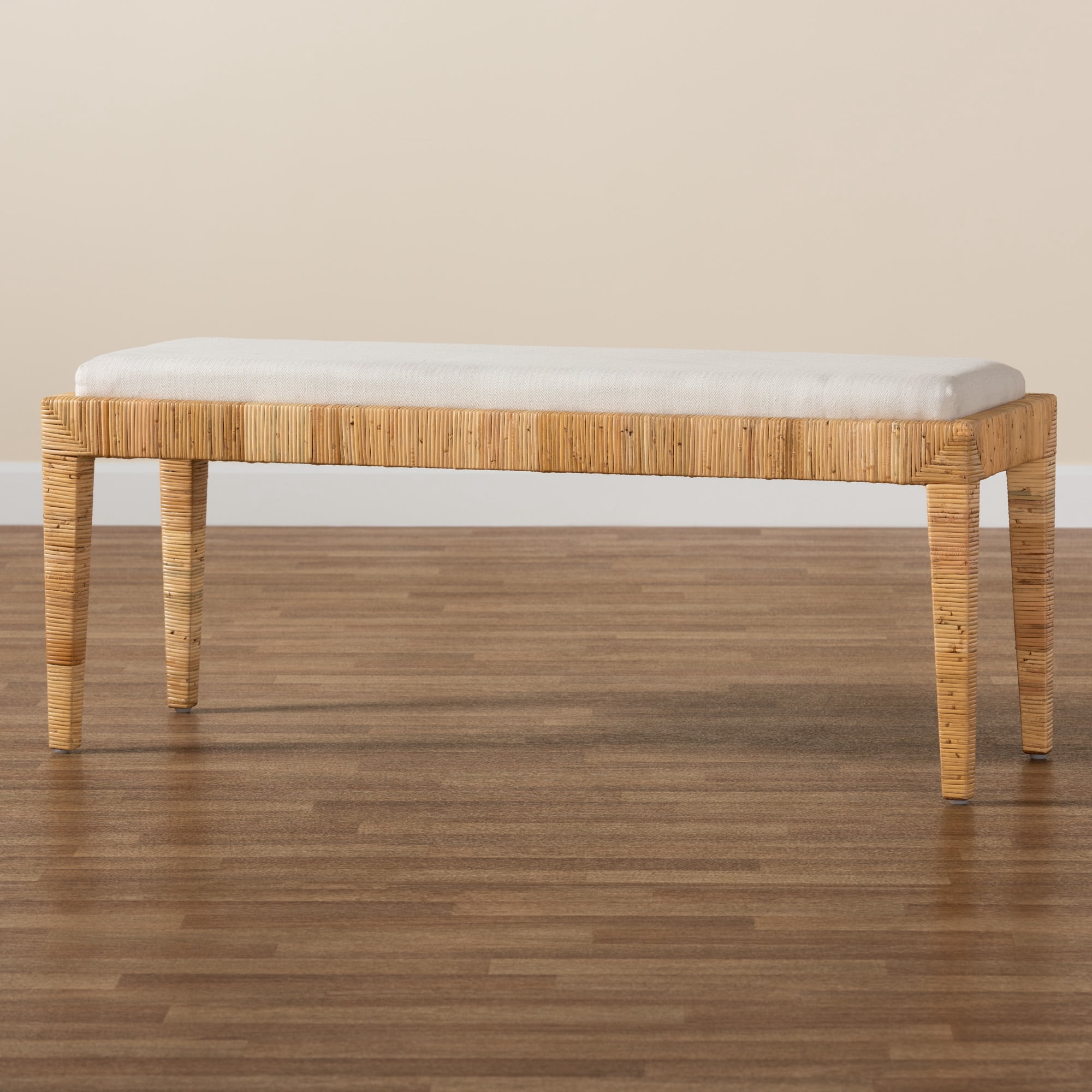 Bali & Pari Sofia Rattan and Mahogany Wood Boho Indoor Bench, Natural Brown