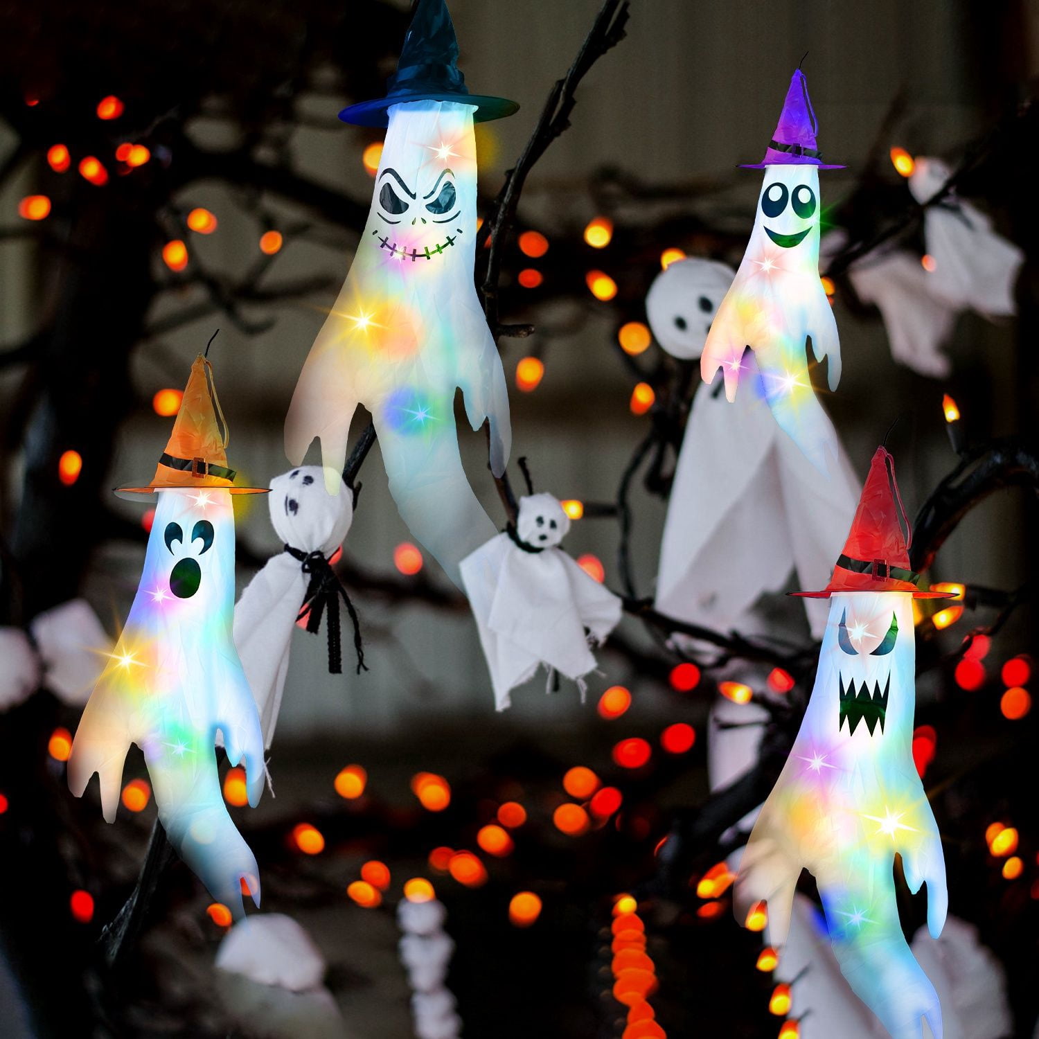 4Pcs Hanging Ghost Windsocks with Witch Hats LED String Lights Halloween Outdoor Decor