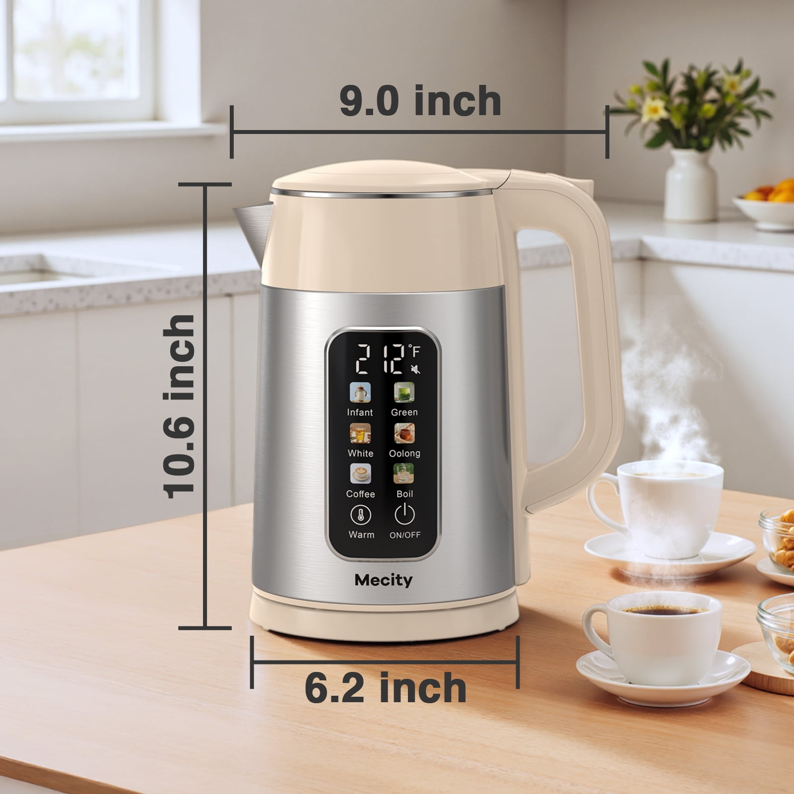 Mecity Electric Kettle Touch Screen Temperature Control Water Boiler, 6 Preset Temperature Programs, 2 Hours Keep Warm, 1.7 Liter, Cream White with Stainless Steel Body