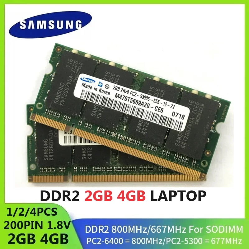 Mémoire RAM DDR2 SODIMM pour Ordinateur Portable Non Rembourrée 4 Go 2 Go 667Mhz PC2-5300S 800MHz PC2-6400S 1.8V CL5 pour Notebook 2 Pcs 2 Go DDR2 800MHz