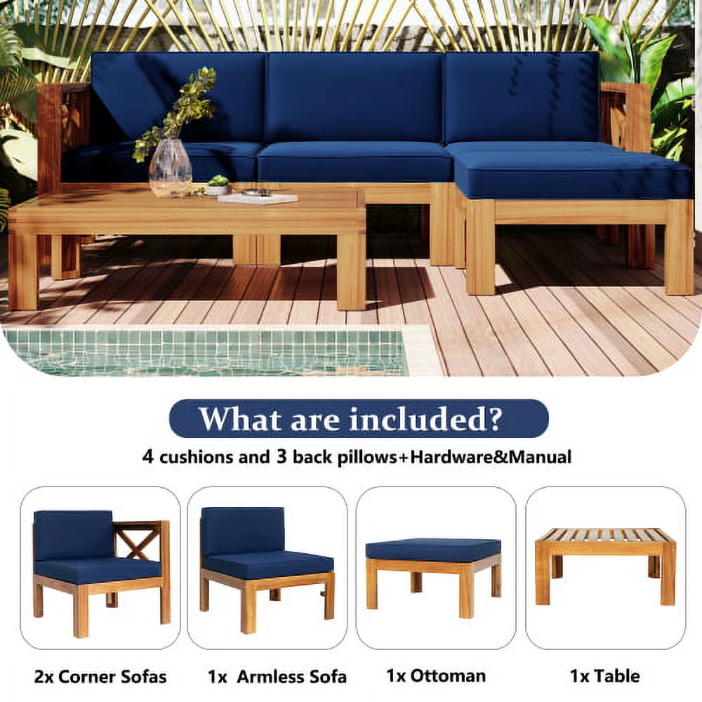 5 Piece Patio Furniture Set,Acacia Wood Sectional Sofa with Paaded Seat Cushions,Wood 3-Seater Sofa with Ottman and Coffee Table,X-Back Wood Frame,for Garden,Poolside,Backyard - image 3 of 7