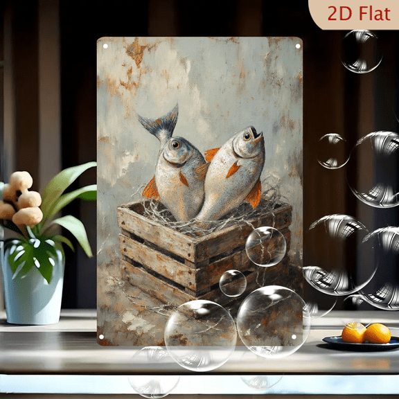 2 Fish in Rustic Wooden Crate Wall Art, 8x12 Inch Metal Tin Sign, Vintage Oil Painting Style Nautical Still Life with Silvery Fish and Straw for Home Decor
