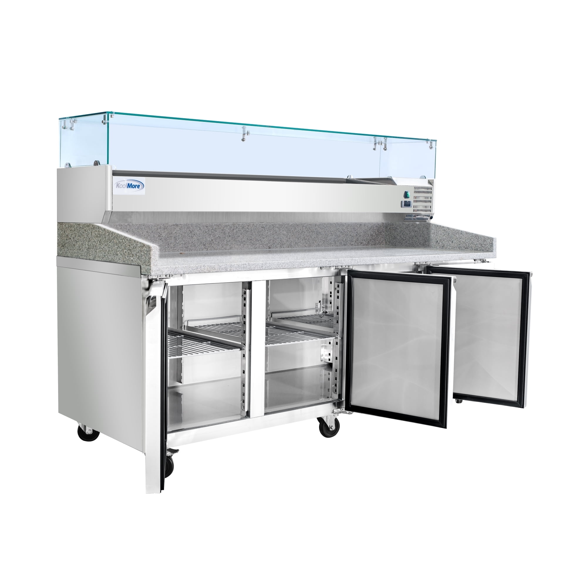 79 in. Three-Door Commercial Refrigerated Granite Top Pizza Prep Station With a Refrigerated Stainless-Steel Condiment Pan Holder (KM-RPCPS-2D79-GRT)