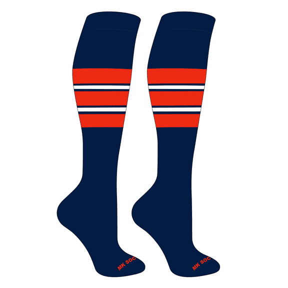 MK Socks Striped OTC Baseball, Softball, Football Socks (E) Navy, Orange, White (S)