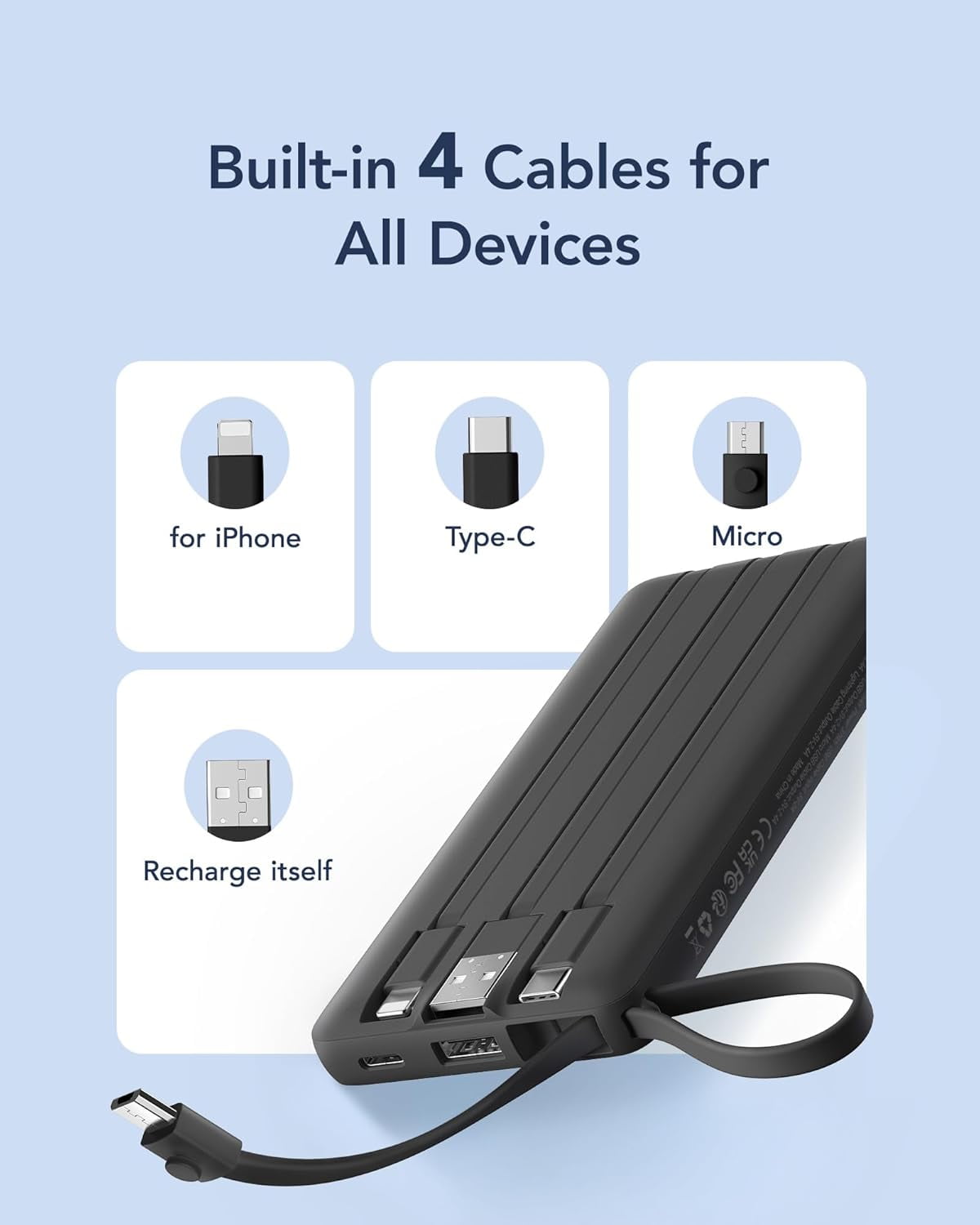 Portable Charger with Built in Cables, Slim Power Bank 10000mAh, USB C Travel Battery Pack, 5 Output 2 Input External Charging for iPhone 17 16 15 14 13,,Android-(1 Pack)
