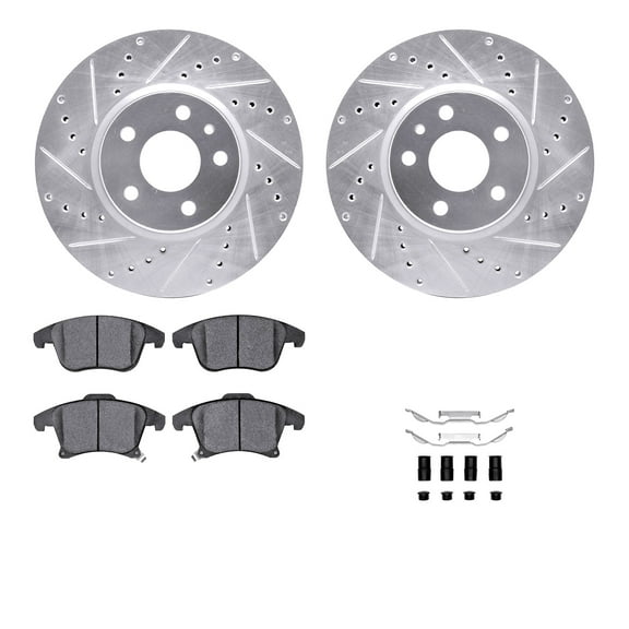 Dynamic Friction Company Front Brake Rotors-Drilled and Slotted-Silver with 5000 Advanced Brake Pads includes Hardware 7512-54165