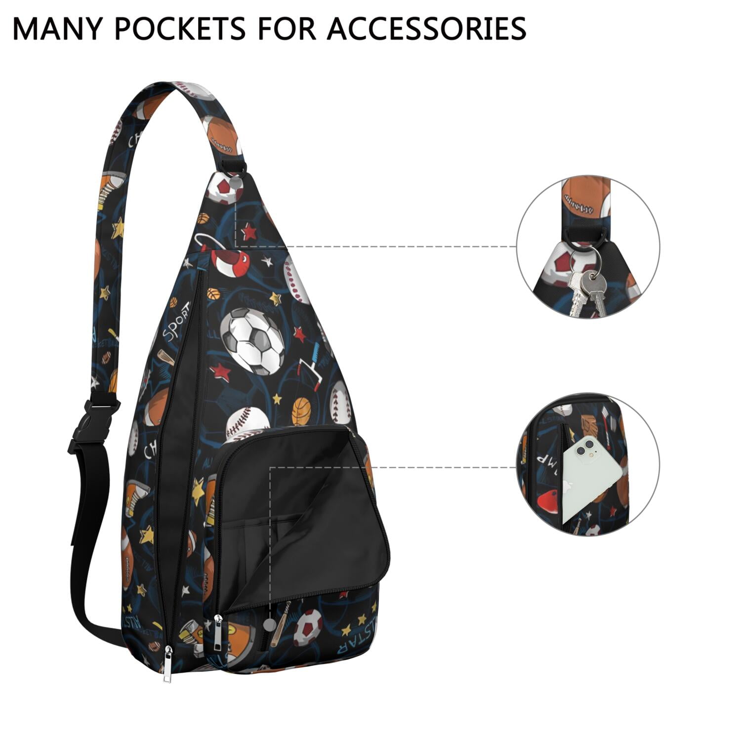 Sports Sling Backpack - Baseball, Football, Soccer, Basketball Print – Lightweight Crossbody Bag for Hiking, Gym, Travel – Athletic Gift for Sports Lovers