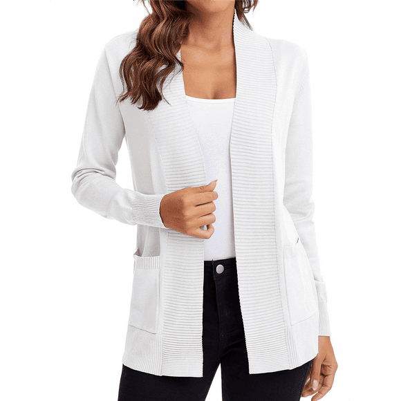 Women's Open Front Knit Cardigan Sweater Long Sleeve with Pocket White XL