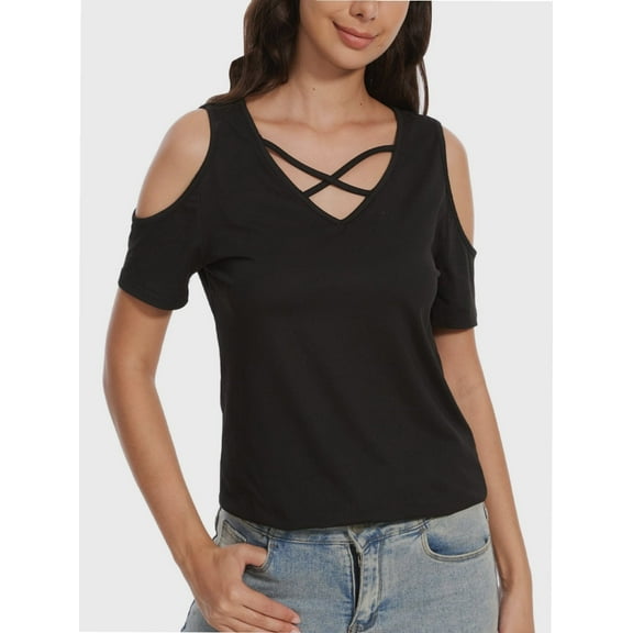 Women's Summer Short Sleeve V-Neck Criss Cross Cold Shoulder Blouse Tops