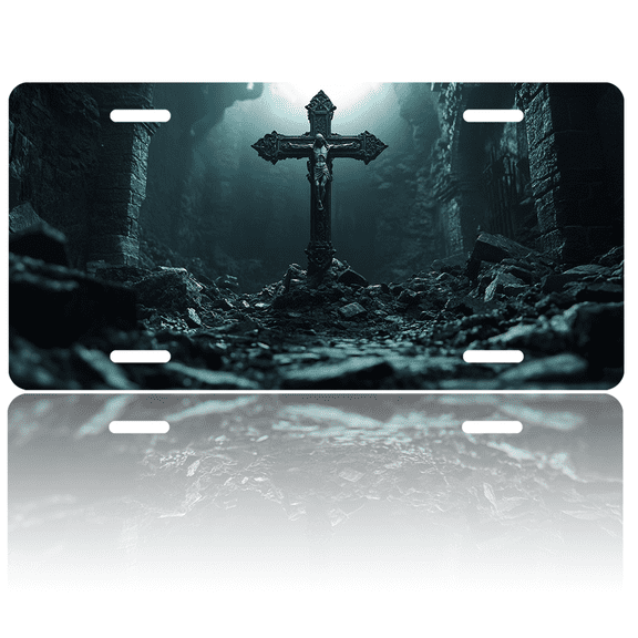 1 Pcs 2D Flat License Plate Covers & Frames, Crucifixion Scene For Decorative Front, Waterproof For Decoration Aluminum License Plate Covers & Frames Cover For Men Women, 12" X 6"