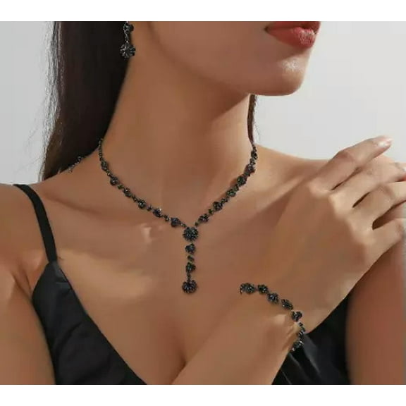 HOOUN Crystal Bridal Prom Necklace Set Bracelet Earrings Black Elegant Jewelry Set