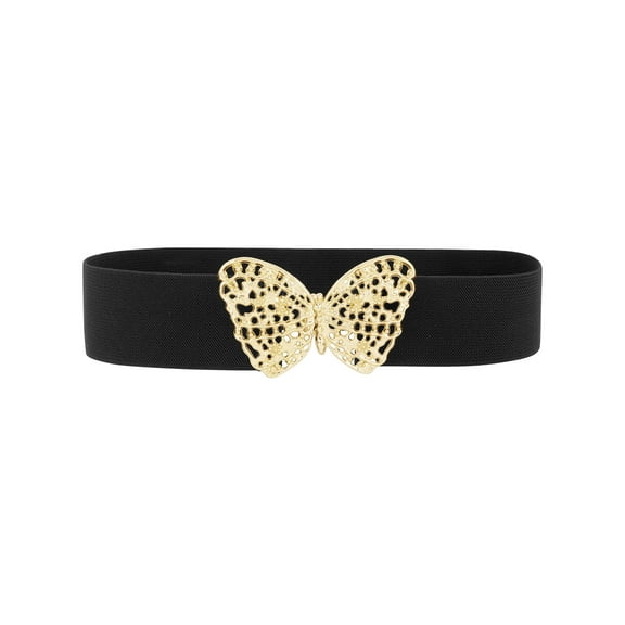 Women's Golden Butterfly Stretchy Belts, Vintage Elegant Elastic Waistband for Dress Coat 65x5cm/25.6x2.0" Black