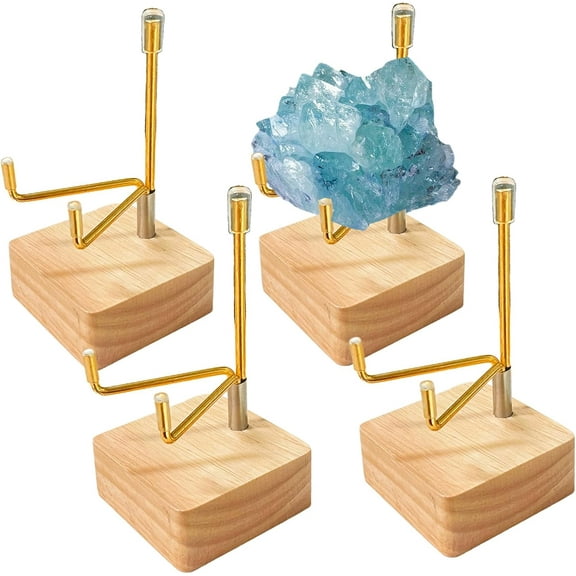 4 Pcs Rock Display Stand with Wooden Base Adjustable Metal Arm Display Stand Easel Crystal Small Rock Collection Mineral Easel for Geodes Stones Slices