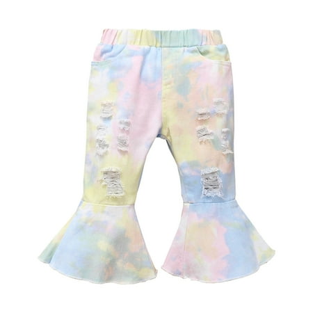 

KIMI BEAR Infant Girls Jeans 12 Months Infant Girls Autumn Pants 18 Months Infant Girls Casual Tie-dye Ripped Denim Flared Pants Multi-color