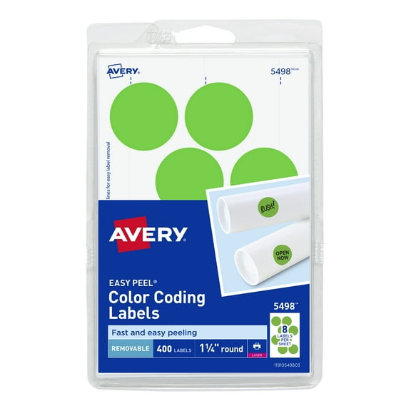 Avery Printable Color-Coding Labels, Removable Adhesive, 1-1/4" Round, Neon Green, 400 Labels (5498)