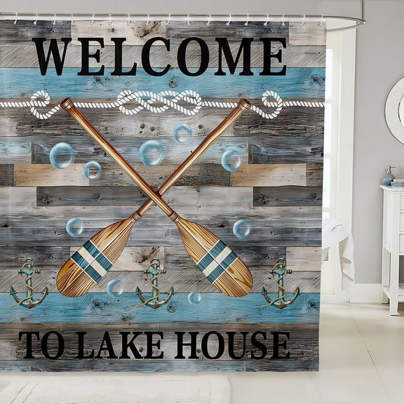 Manfei Sea Paddle Anchor Shower Curtain 72Wx72L,Rustic River Lodge Bathroom Curtain,Blue Gray Black