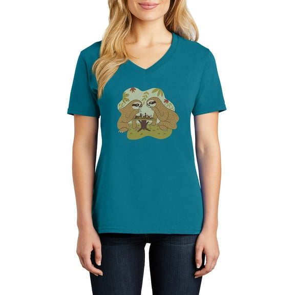 Plus Size Slothy Chess Graphic Design Ladies V-Neck - Teal XL