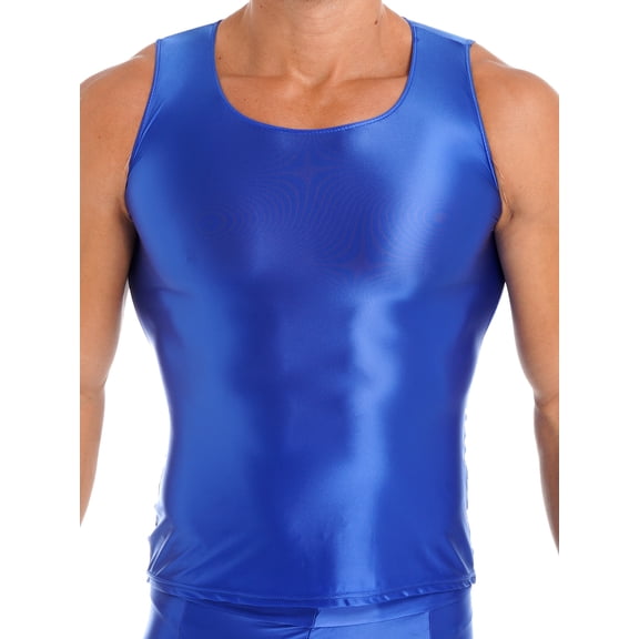 ZDHoor Mens Glossy Smooth Tank Top Stretchy Sleeveless Gym Workout Vest Tops Blue XL