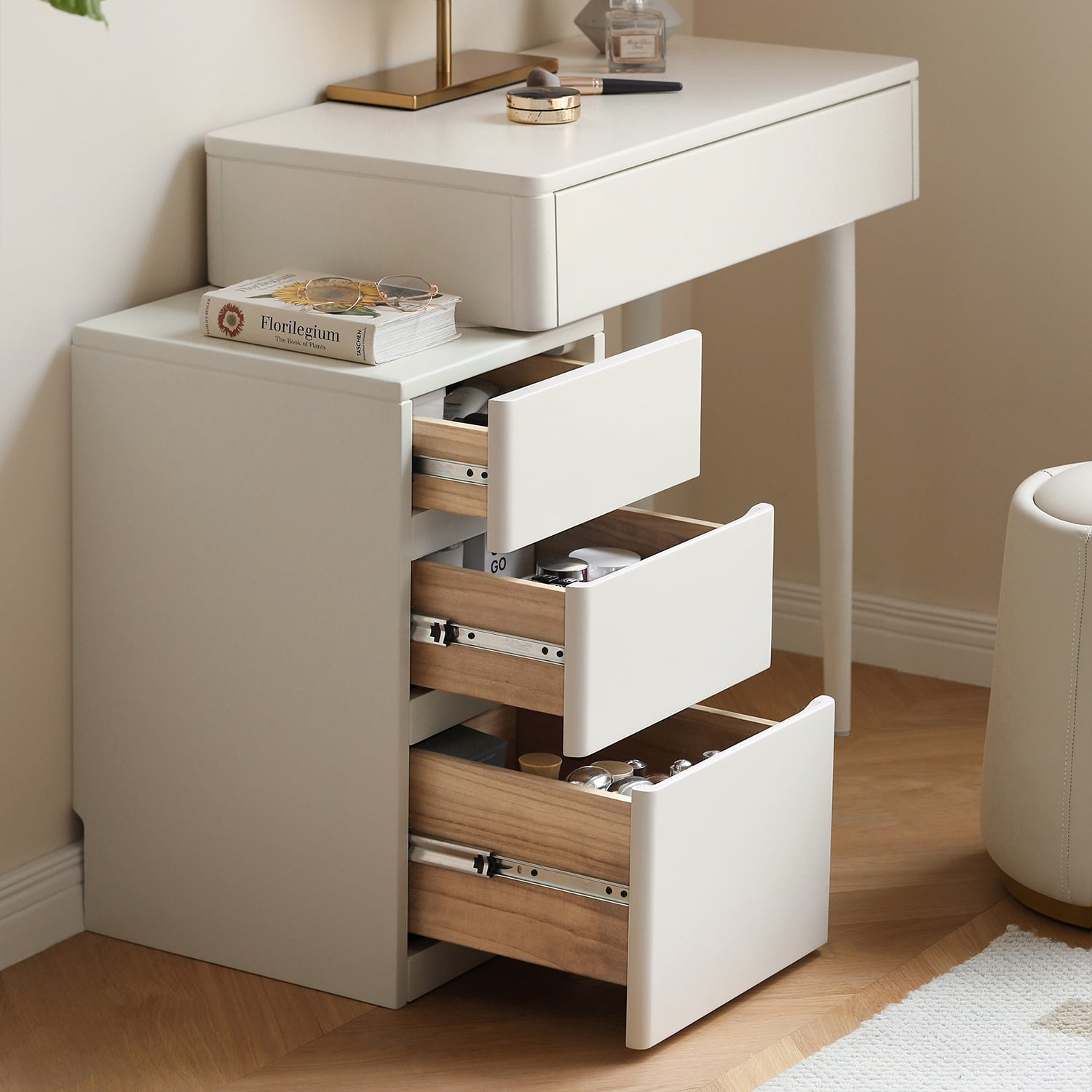 MAYEERTY Solid Liriodendron Wood Dresser Table with Stool – Elegant White Vanity with Storage Drawers