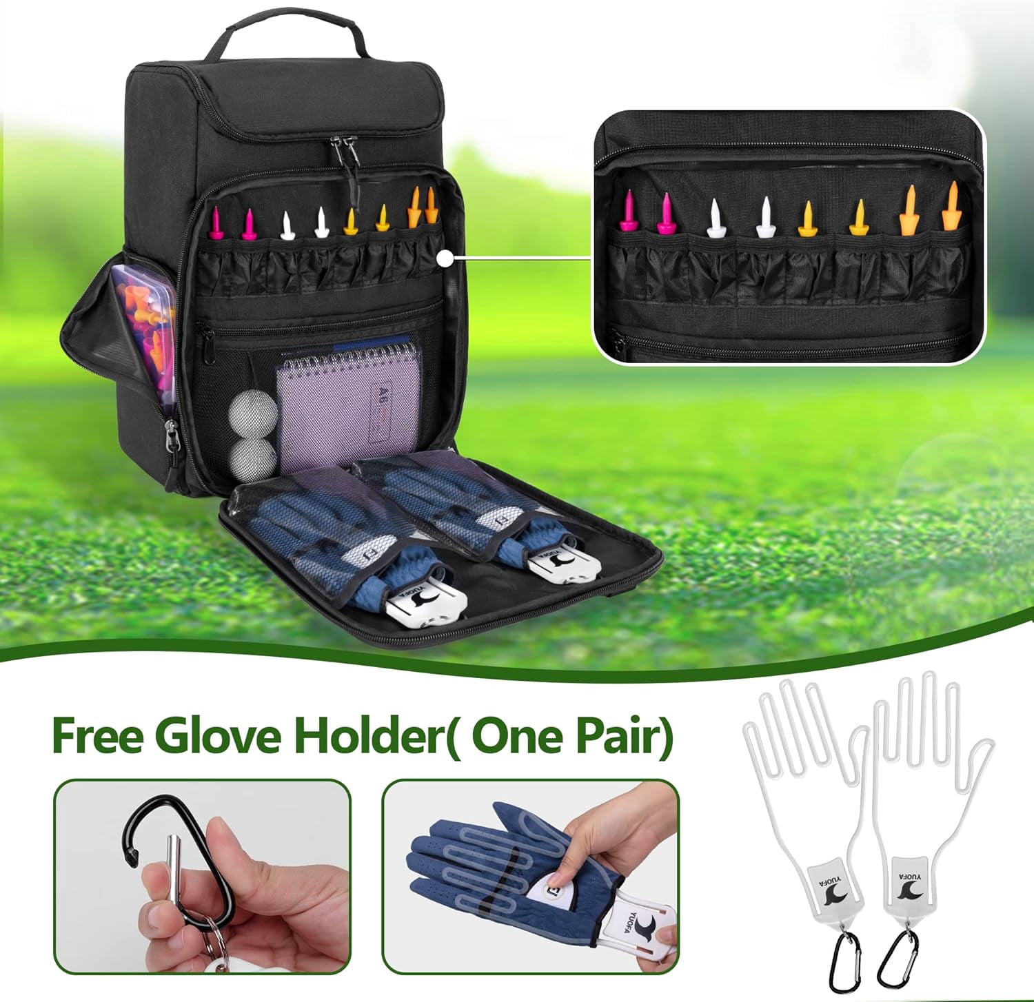 Golf Shoe Bag Holds A Pair of Shoes, Golf Shoe Carrier with Gloves Holders, Front and Side Accessory Pockets for Tees, Gloves and Ball, Black