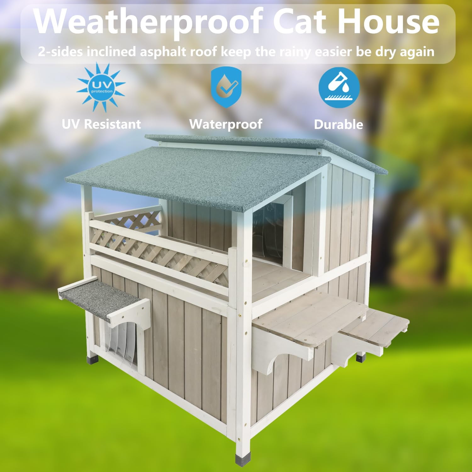 PETSCOSSET 2-Story Outdoor Cat House with Split-Level Openable Asphalt Roof, Fir Wood Cat Condo with Balcony & Escape Door, Weatherproof Shelter with Removable Floors for Easy Cleaning