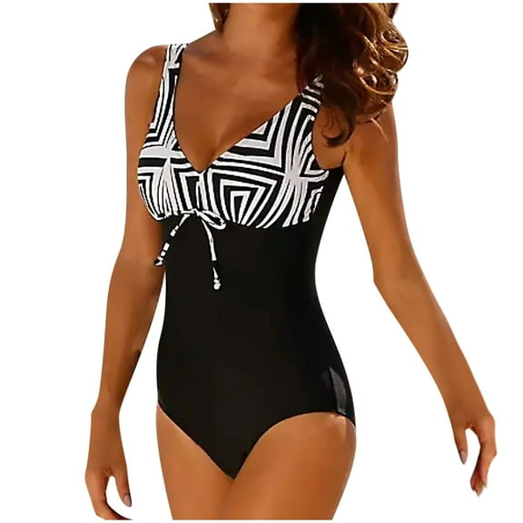 WREESH Womens One Piece Swimsuits Set Swimsuits Print Swimwear Beachwear Sleeveless Bathing Suits Black