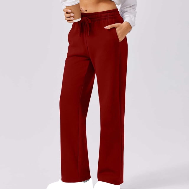 Lydiaunistar Womens Casual Long Pants with Elastic Waist & Pockets - Solid Color Stretchy Comfortable Trousers for Everyday Wear, Lounge, Workout, Spring/Summer Wine