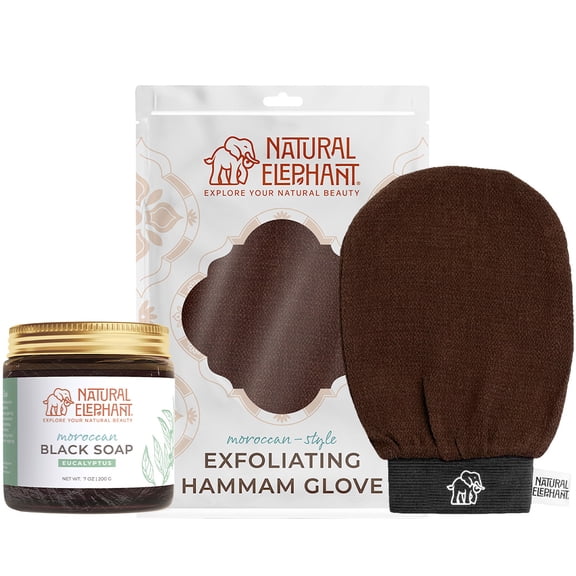 Natural Elephant Moroccan Black Soap 200g (7oz) and Exfoliating Hammam Glove (Brown) Combo