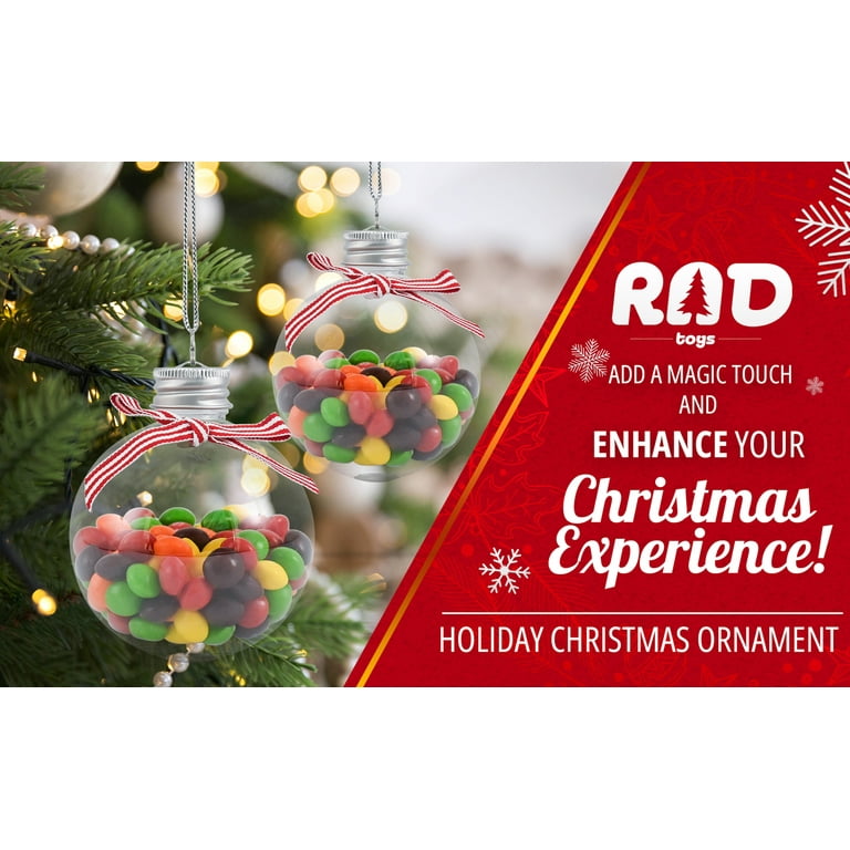 R N' D Toys Clear Fillable Ornaments Shatterproof Transparent Plastic Craft Ornament  Balls Décor, Red, White Ribbon - DIY Christmas Sphere Pack of 24 