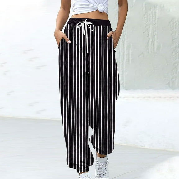 Zedker Pants for Women High Waist Wide Leg Pants Casual Drawstring Striped Trousers Loose Lounge Pants Black L