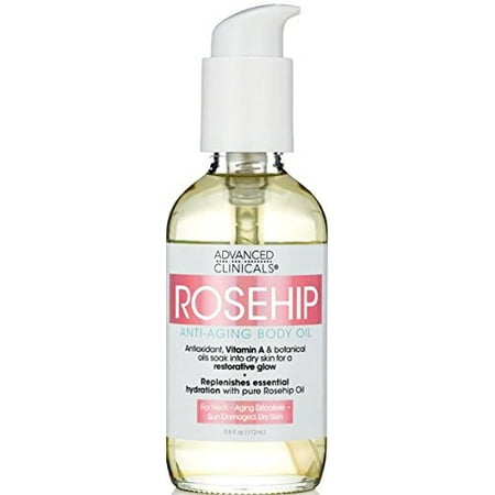 Advanced Clinicals Rosehip Body Oil. Anti-Aging oil with Vitamin A for neck, decollete, sun damaged, dry skin.