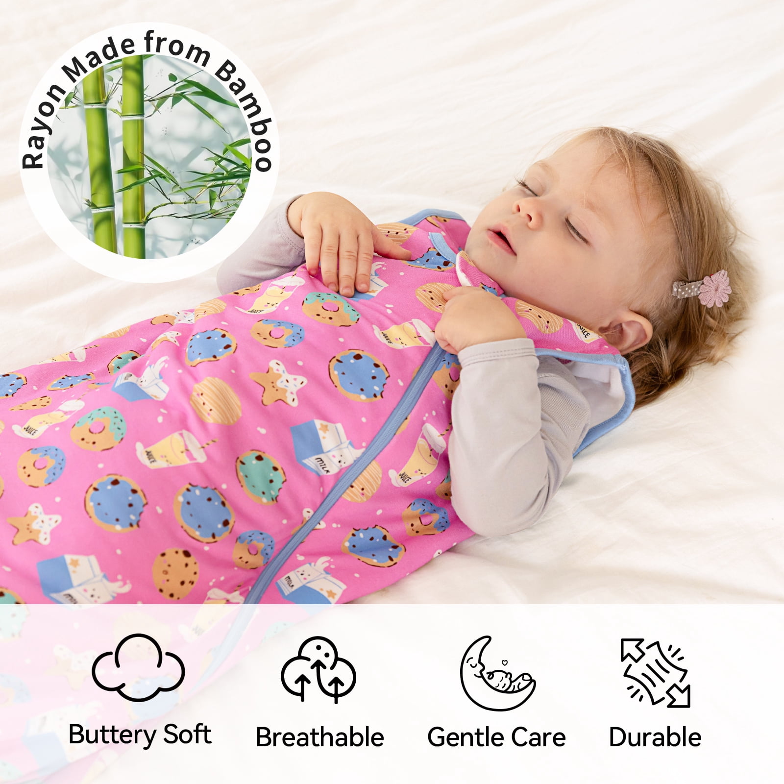 All-year-around Cute Baby Sleep Sack 18-24 Months Rayon Made from Bamboo Sleeping Bag 1.0 Tog Premium 2-Way Zipper Baby Wearable Blanket - Pink Dessert