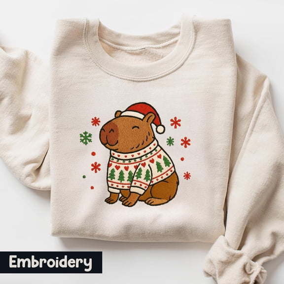 Embroidered Capybara Sweatshirt, Christmas Capybara Animal Embroidered Crewneck, Animal Sweater, Christmas Sweatshirt, Gift For Girlfriend