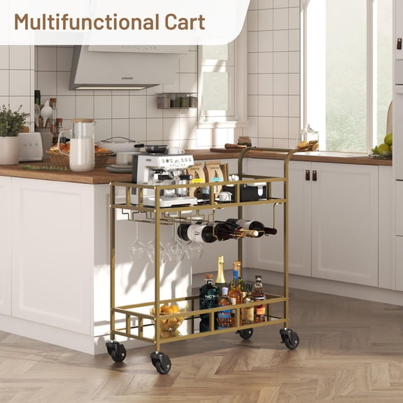 TROPOW 2-Tier Gold Bar Cart for Home, Beverage Cart with Wine Rack and Glass Holders, Rolling Serving Wine Cart for Kitchen, Dining Room