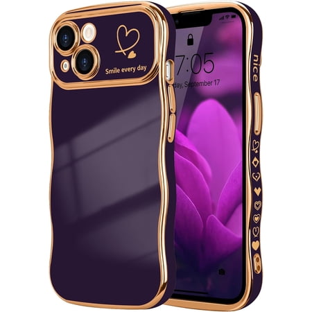 MYKOMI for iPhone 14 Plus Case for Women Girls, Cute Wave Frame Curly Shape with Love Heart Pattern Raised Camera Protection Cover Luxury Plating Shockproof Phone Case for iPhone 14 Plus