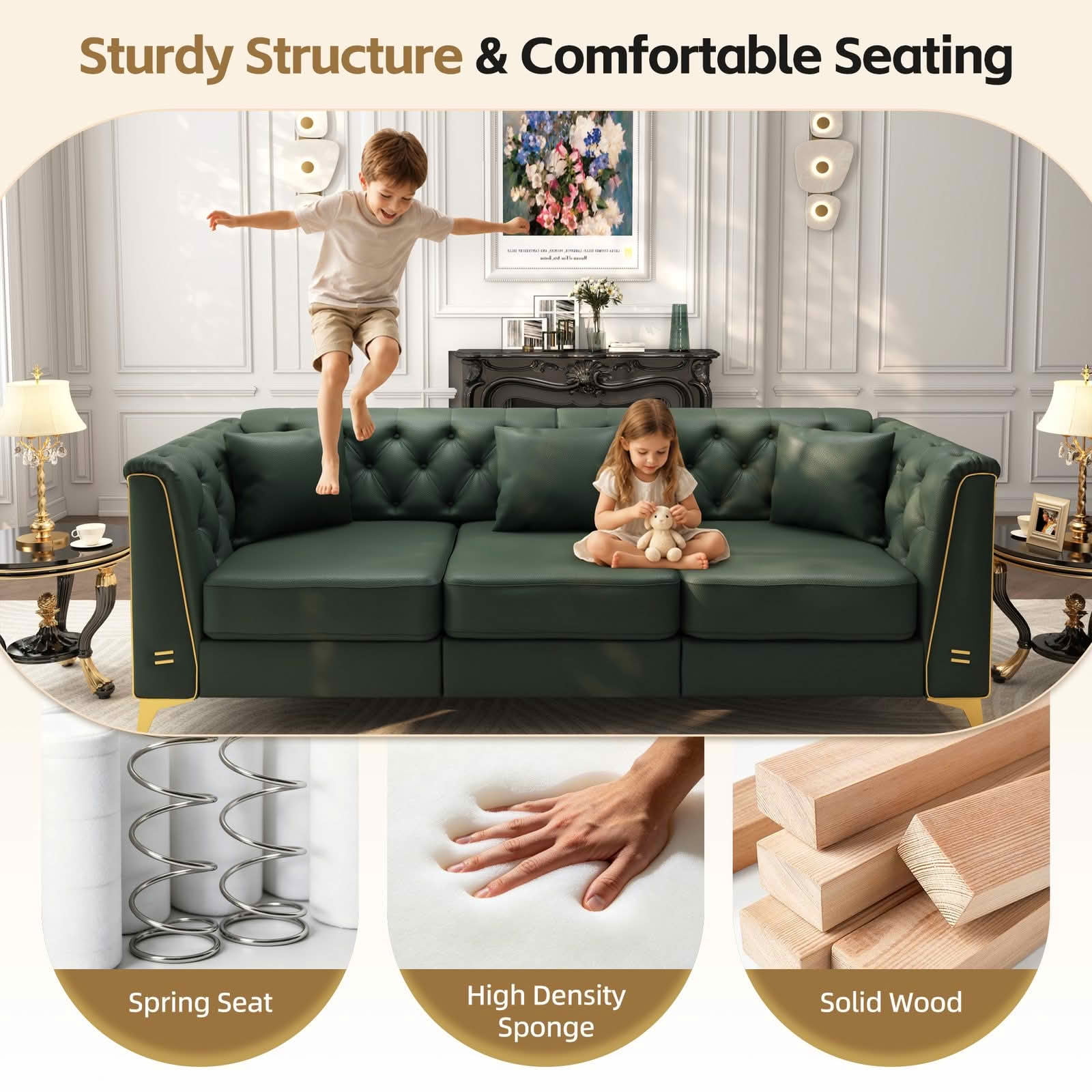 MAYEERTY Light Luxury Modular Chesterfield Sofa Combination, Faux‑Leather Sectional with Button Tufting, Metal‑Trim Armrest & Slim Metal Legs, 4 Pillows Included