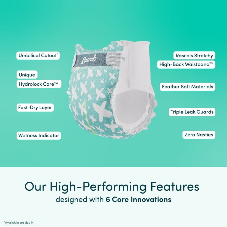 Rascals Premium Newborn Absorbent Baby Diapers Newborn, 96 Count