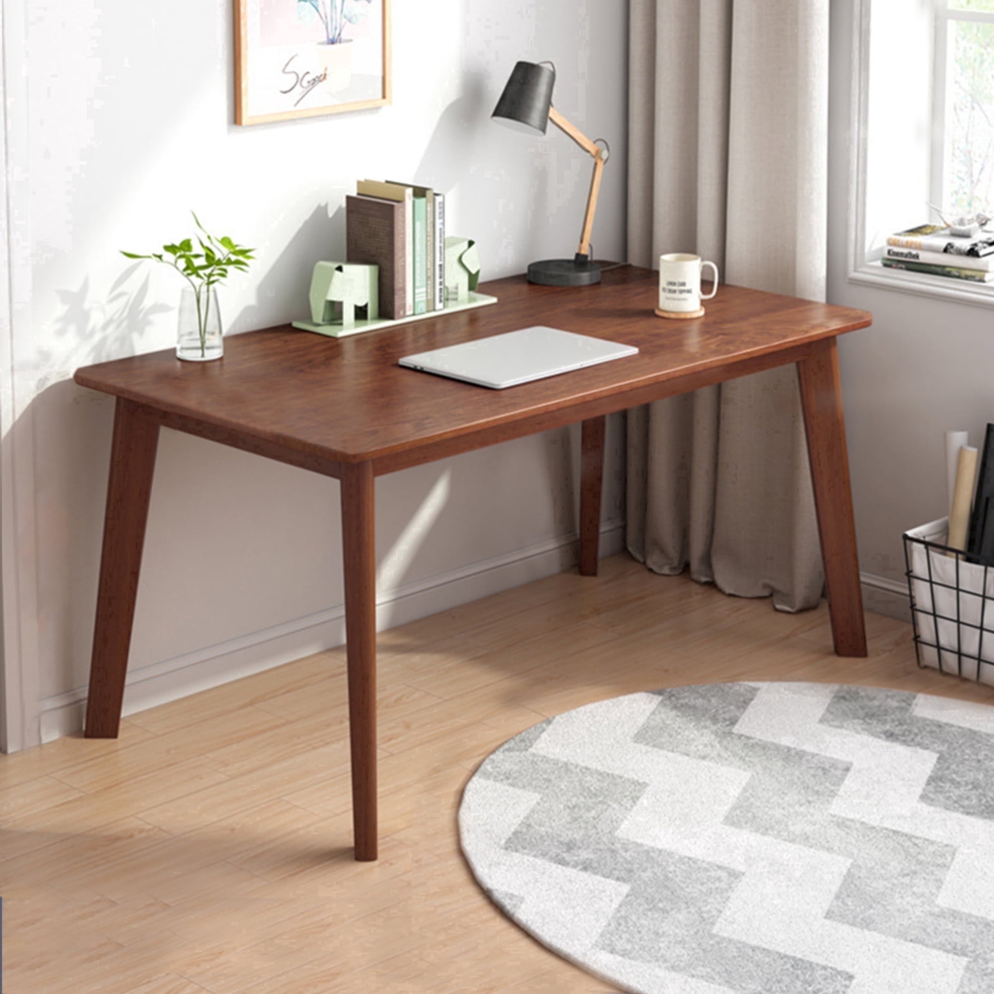 IOTXY 47 inch Wooden Writing Desk with Solid Wood Legs Walnut Finish