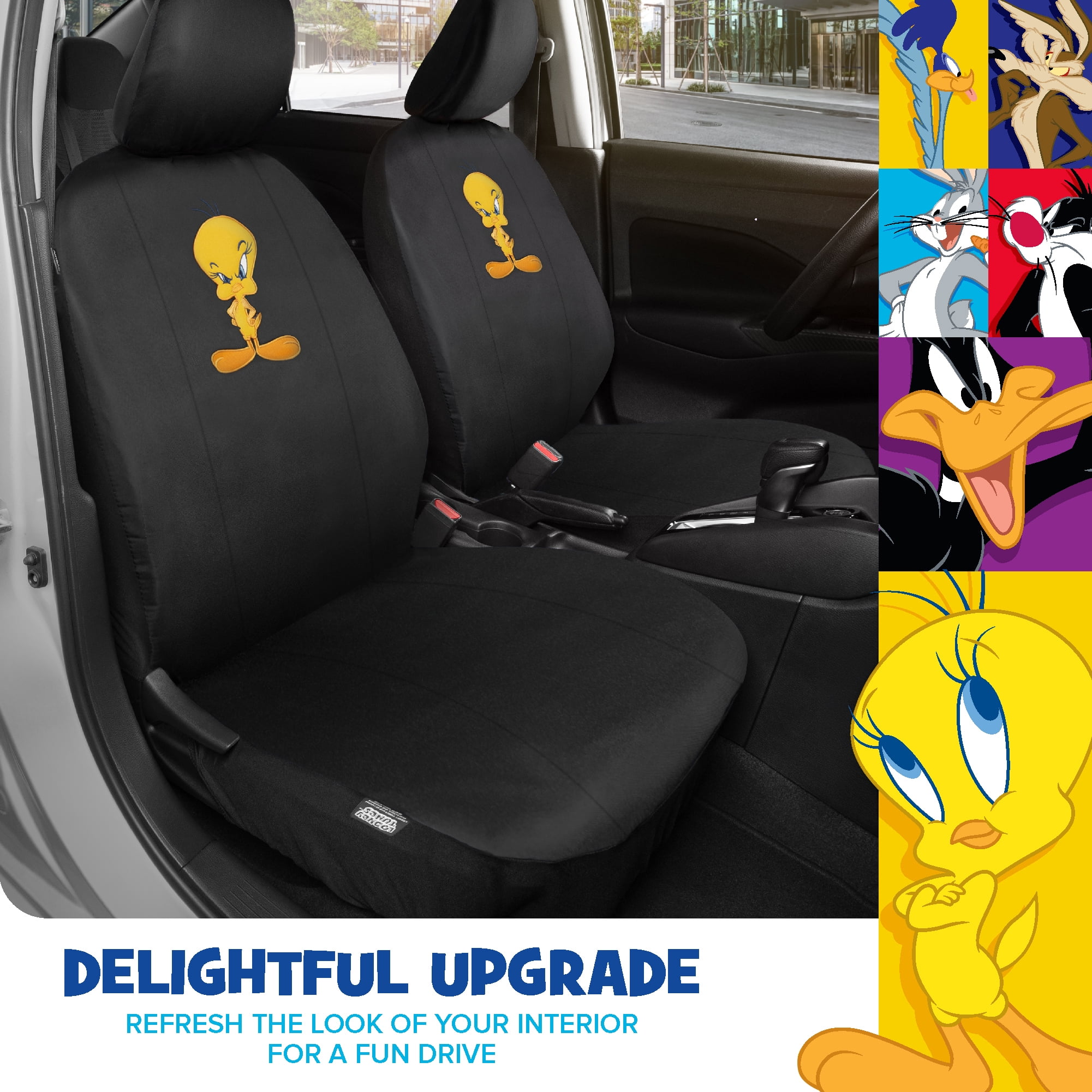 BDK Warner Brothers Looney Tunes Tweety Bird Front & Rear Car Seat Covers Full Set - Easy to Install Durable & Stylish Polyester Fabric Car Seat Cover - Airbag Compatible Universal Fit Car Accessorie