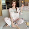 thumbnail image 1 of Pijama de seda helada de cuello redondo fino de verano para mujer, traje de pantalón de media manga con pintura de paisaje, ropa de casa que se puede usar al aire libre, 1 of 3